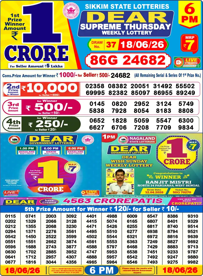Dear Lottery 6 PM Result 2026-06-18