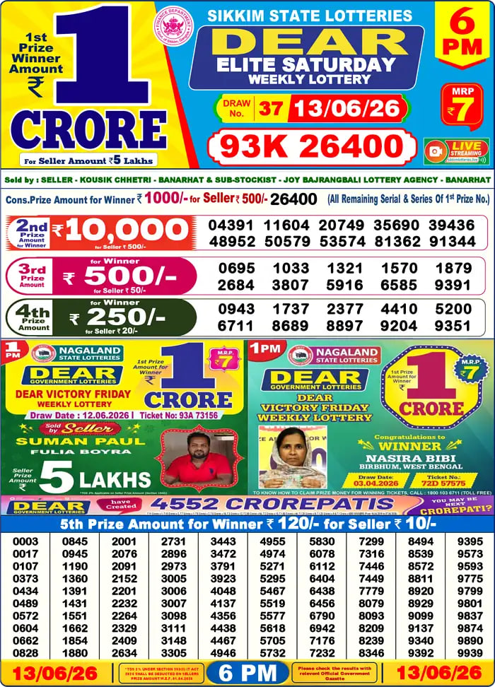 Dear Lottery 6 PM Result