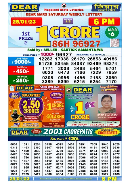 Nagaland Lottery Result 28-01-2023 Dear Mars Saturday Today 6 PM