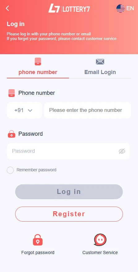 Lottery 7 login UI