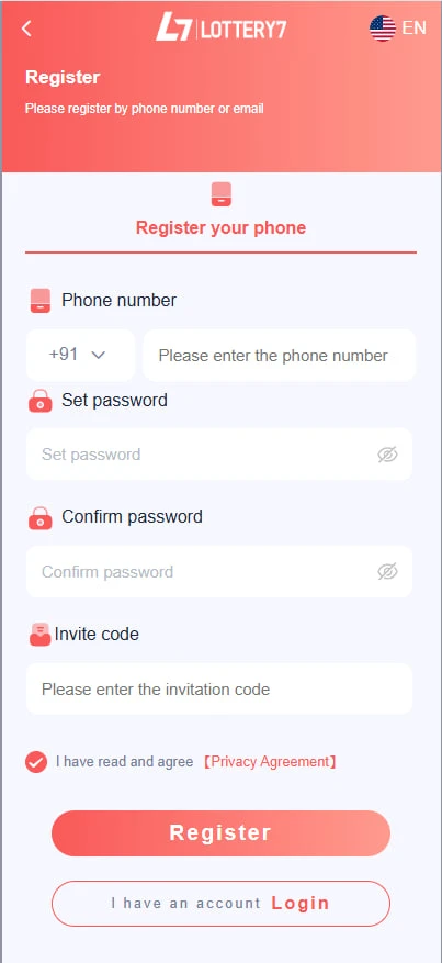 Lottery 7 registration UI