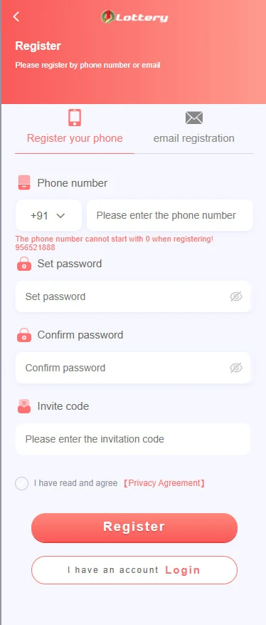 1 Lottery register screen with sign up form and OTP verification
